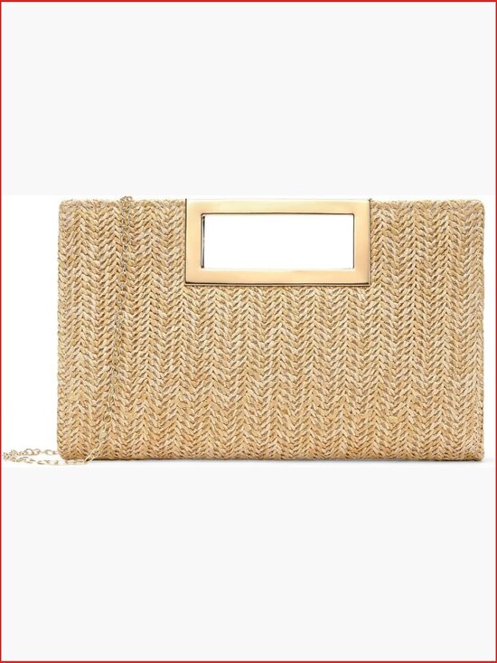 Handbags - Straw Woven Clutch Handbag with Chain Strap - Evening Bag